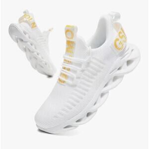 White & Gold Mesh Sneakers Women Sz 10 Lightweight Running Walking Shoes